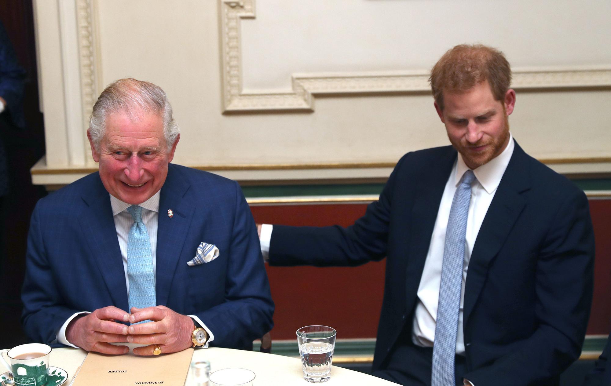 Prinz Charles (l) und sein Sohn, Prinz Harry, Herzog von Sussex, während eines Forums in Clarence House zur Diskussion über Jugendkriminalität.