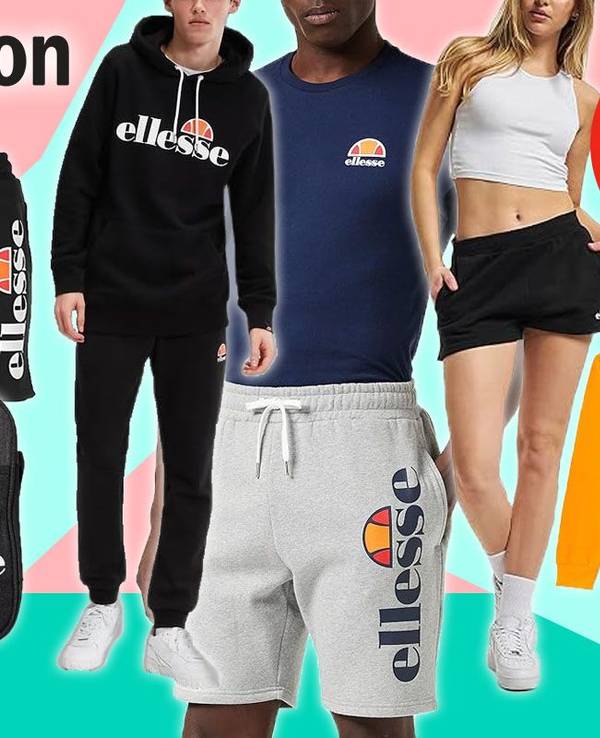 Ellesse Mode von Damen und Herren Models getragen. Hoodies, Shirts, Hosen, Umhängetasche vor buntem Hintergrund.