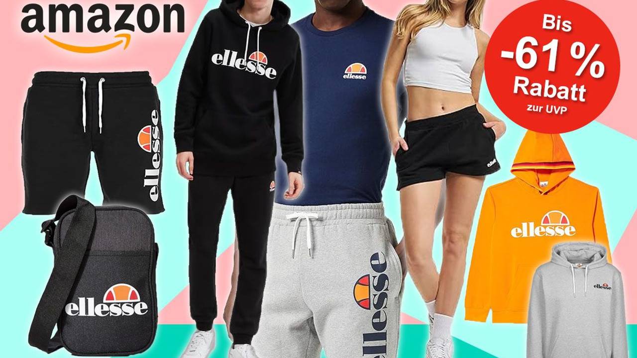 Ellesse Mode von Damen und Herren Models getragen. Hoodies, Shirts, Hosen, Umhängetasche vor buntem Hintergrund.