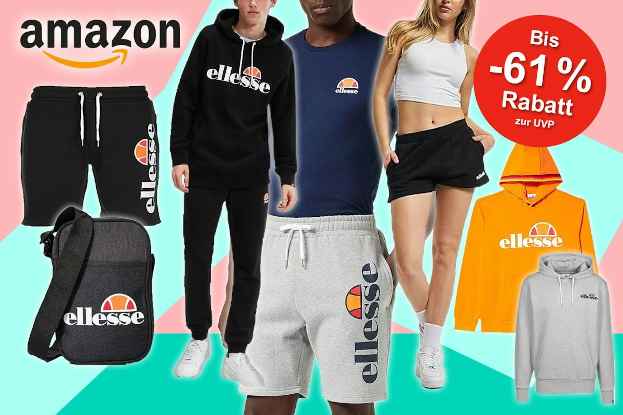 Ellesse Mode von Damen und Herren Models getragen. Hoodies, Shirts, Hosen, Umhängetasche vor buntem Hintergrund.