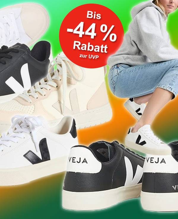 Veja Sneaker in verschiedenen Modellen mit Model vor grün buntem Hintergrund.
