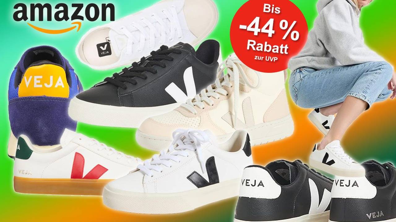 Veja Sneaker in verschiedenen Modellen mit Model vor grün buntem Hintergrund.