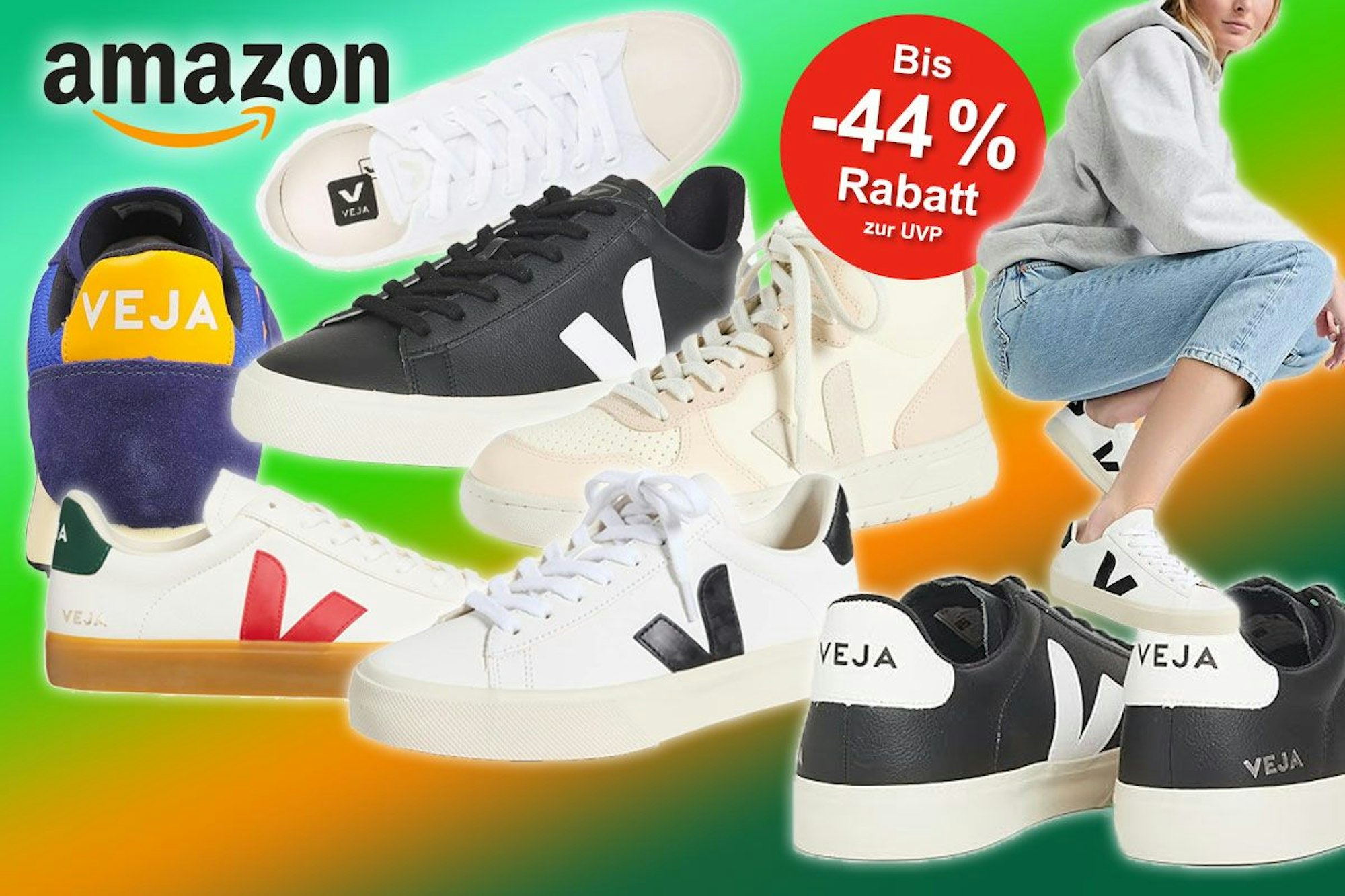 Veja Sneaker in verschiedenen Modellen mit Model vor grün buntem Hintergrund.