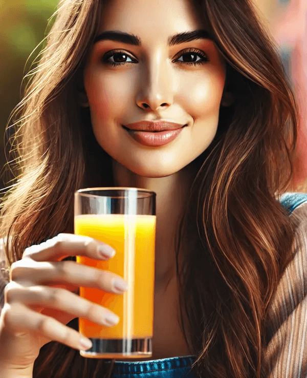 Eine Frau trinkt einen Orangensaft. Das Symbolbild wurde mithilfe der Künstlichen Intelligenz ChatGPT erstellt.