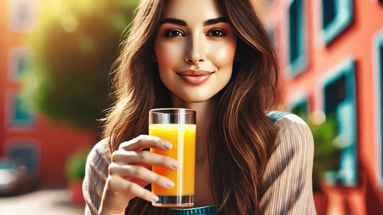 Eine Frau trinkt einen Orangensaft. Das Symbolbild wurde mithilfe der Künstlichen Intelligenz ChatGPT erstellt.