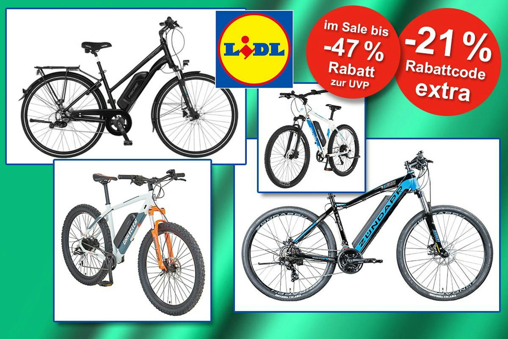 E-Bikes von Fischer, Zündapp und Prophete vor einem grünen Hintergrund mit Lidl Logo.