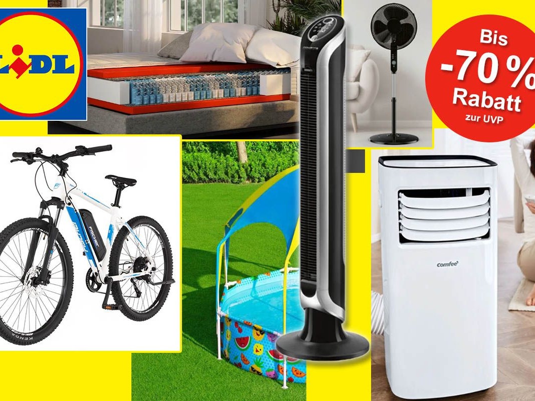 Fischer E-Bike, Bestway Kinder Pool, Matratze im Querschnitt sowie mobile Klimaanlagen von Rowenta und Comfee in Alltagssituationen.