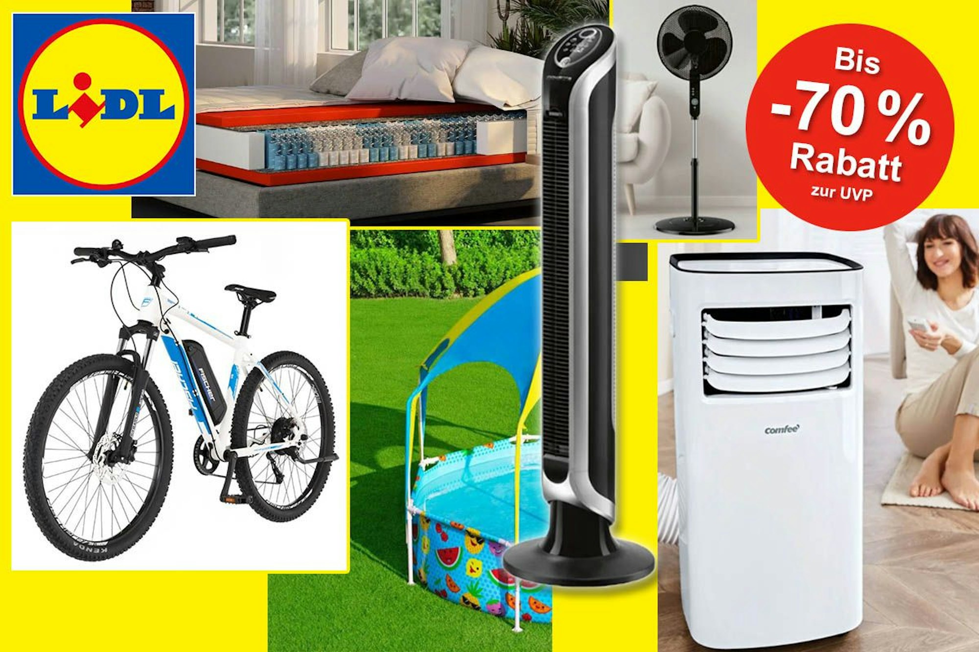 Fischer E-Bike, Bestway Kinder Pool, Matratze im Querschnitt sowie mobile Klimaanlagen von Rowenta und Comfee in Alltagssituationen.