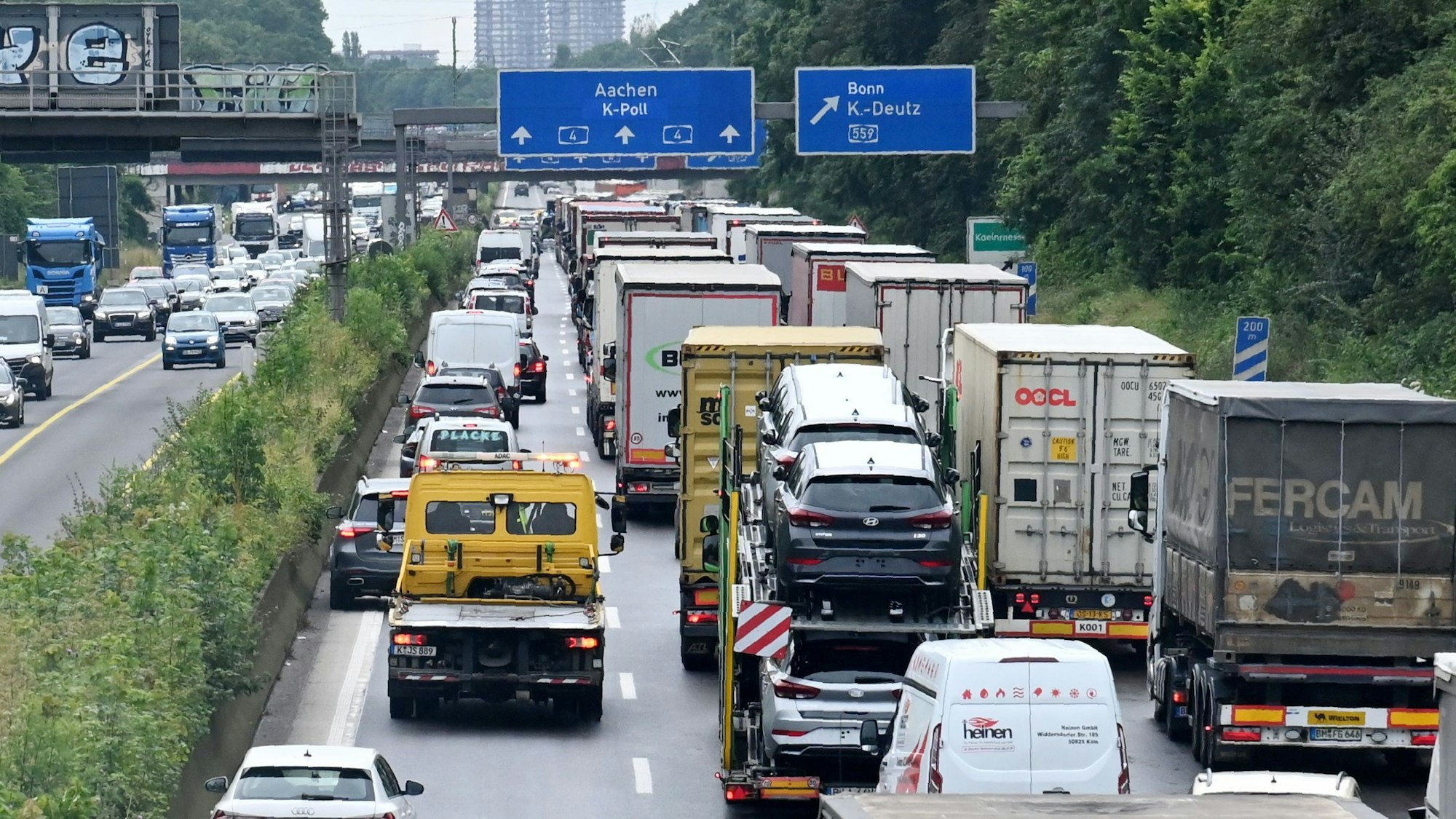 Autos und Lastwagen stehen auf der Autobahn im Stau.