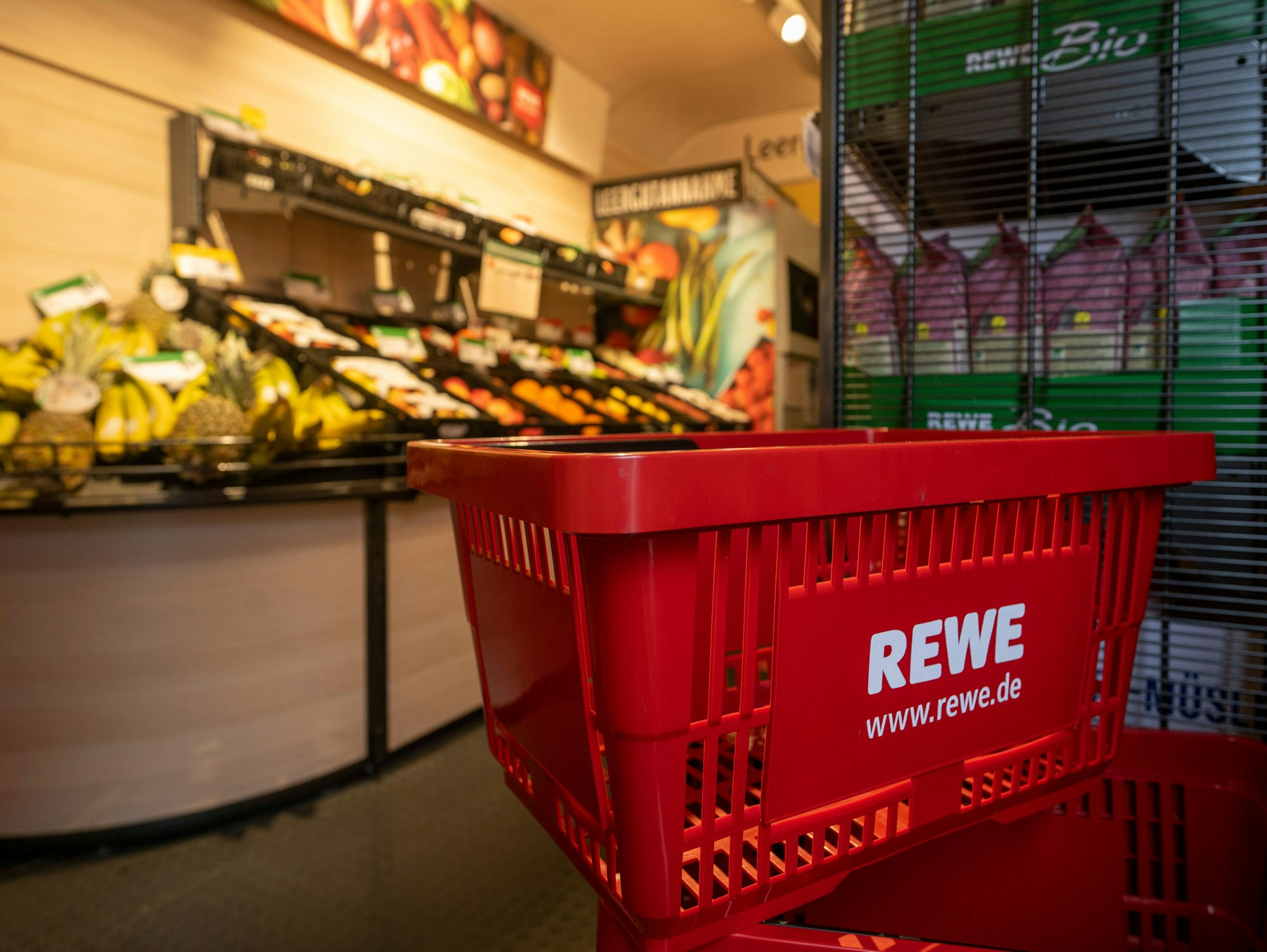 Das Logo der Supermarktkette Rewe ist auf einem Einkaufskorb zu sehen, aufgenommen während der „Internationalen Grünen Woche“.