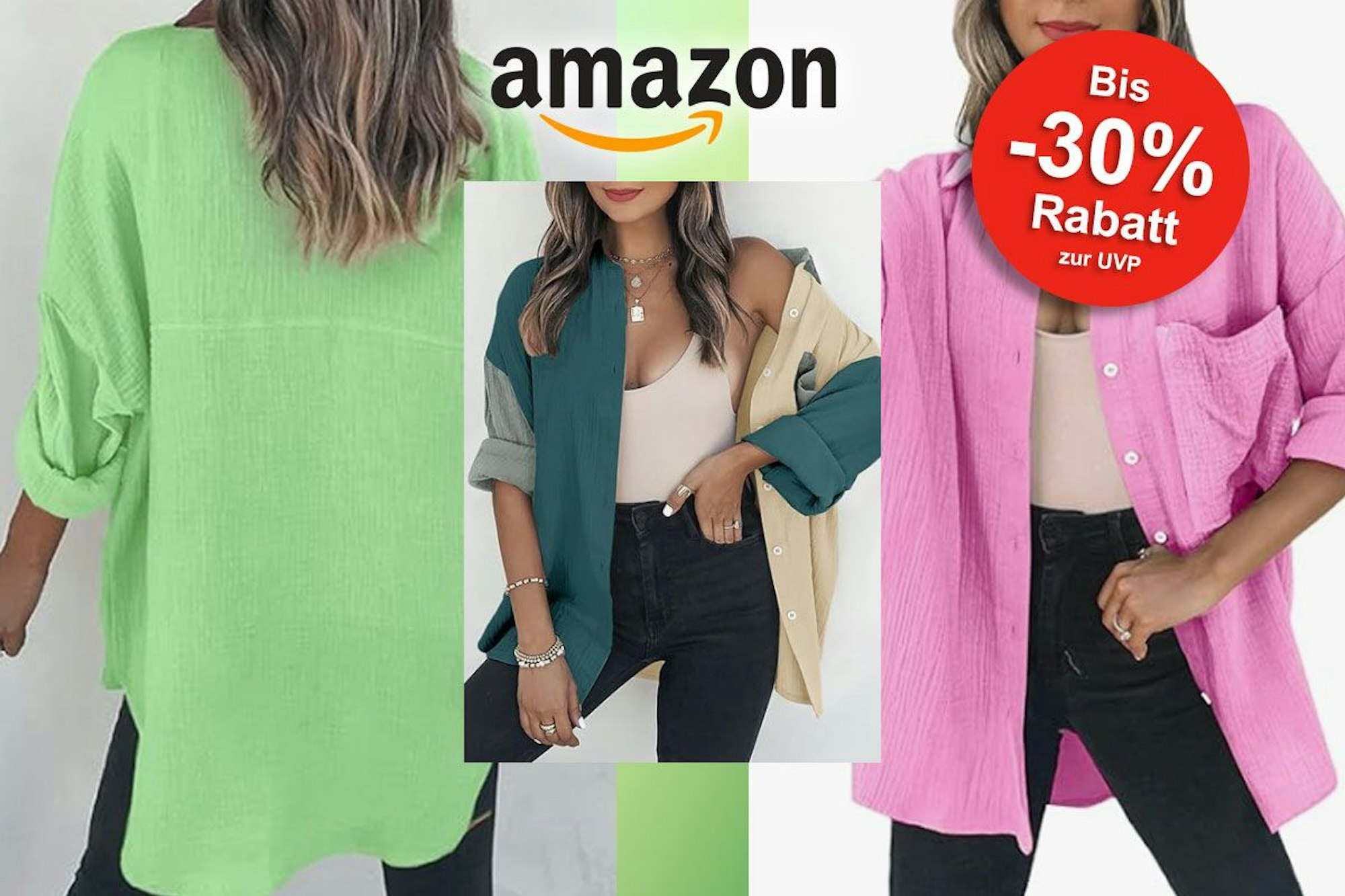 Auf dem Bild sind 3 unterschiedliche Musselin Blusen zu sehen, die ein Model präsentiert.