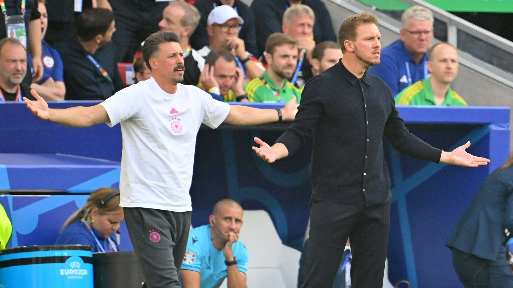 Sandro Wagner (l.) und Julian Nagelsmann reklamieren beim Deutschland-Spiel gegen Spanien