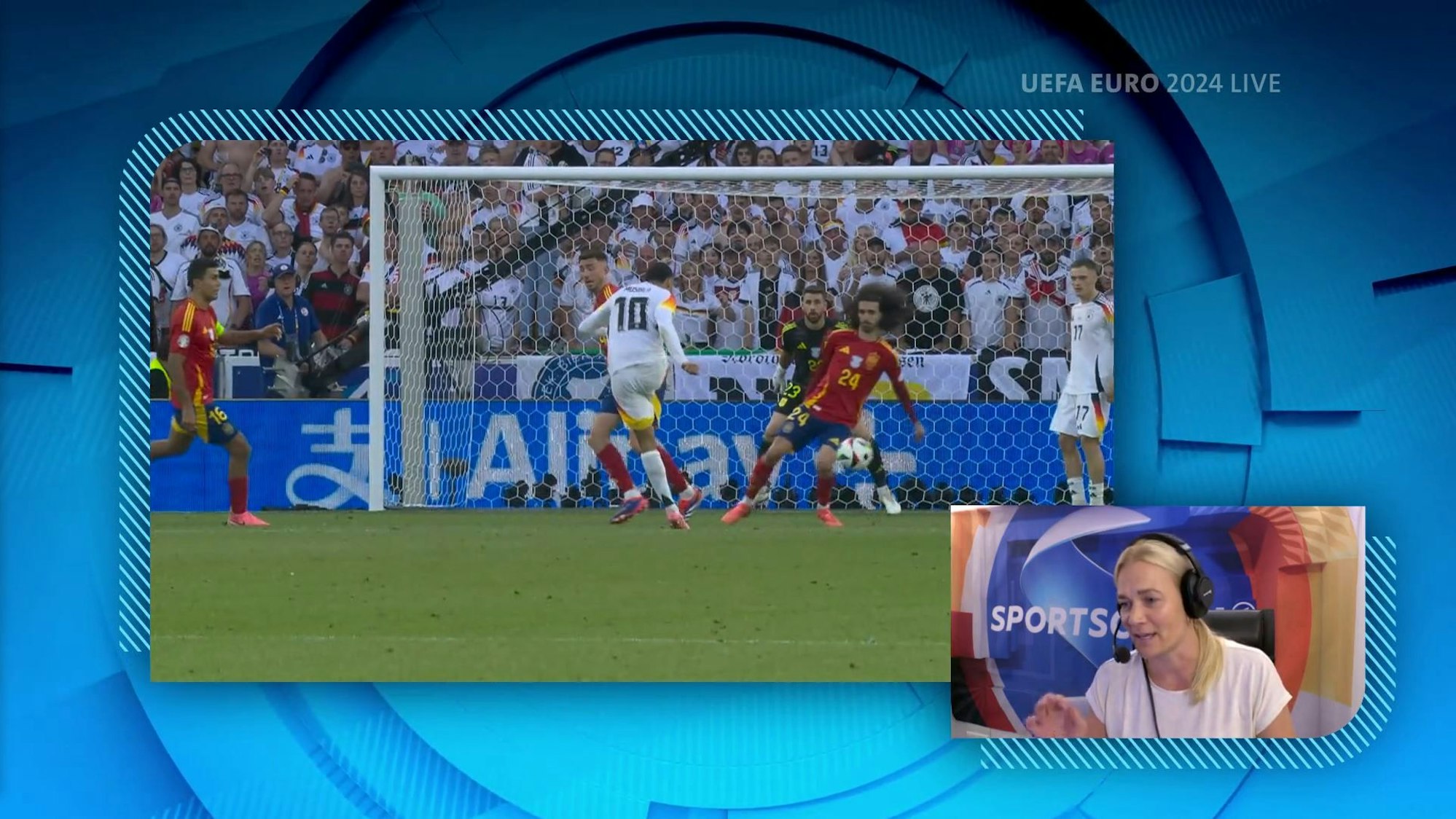 Screenshot der ARD-Schalte zu Schiedsrichter-Expertin Bibiana Steinhaus-Webb nach dem EM-Viertelfinale zwischen Deutschland und Spanien