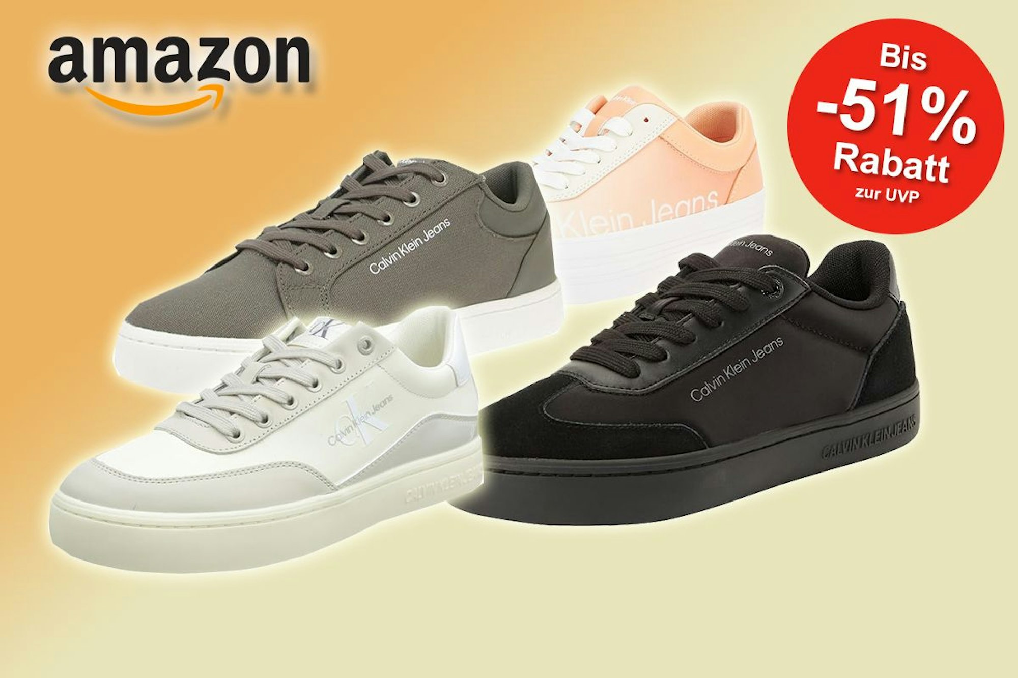 Calvin Klein Sneaker in verschiedenen Modellen vor gelb-orangenem Hintergrund