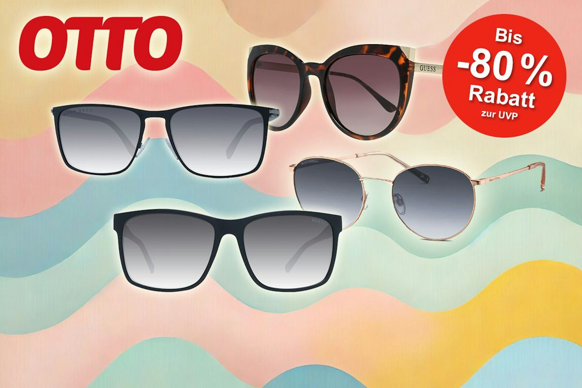 Verschiedene Sonnenbrillenmodelle vor pastellfarbenem Hintergrund