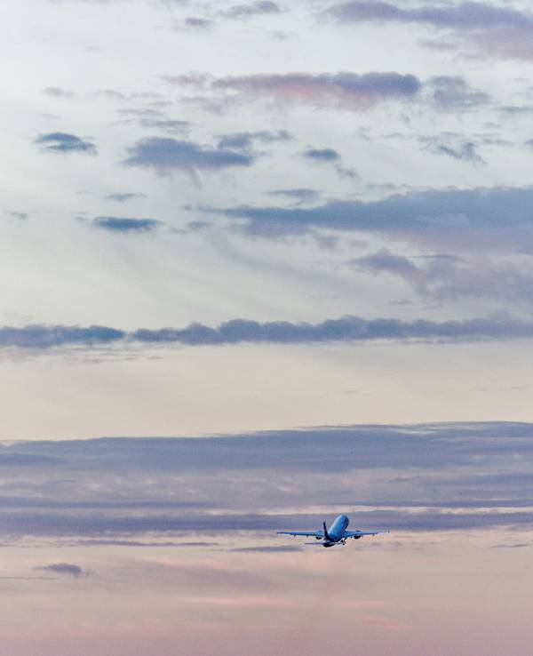 Ein Flugzeug startet vom Flughafen Köln/Bonn in den Morgenhimmel.