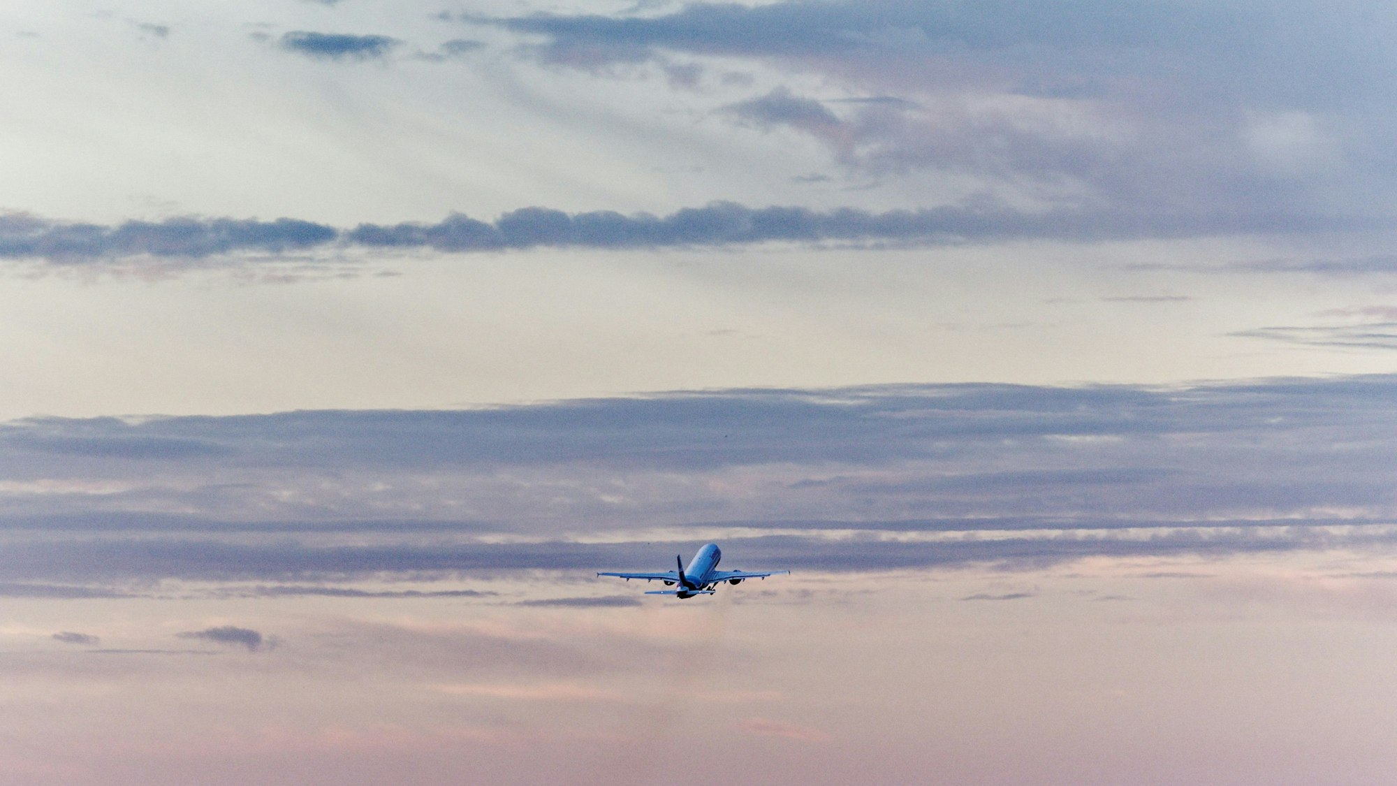 Ein Flugzeug startet vom Flughafen Köln/Bonn in den Morgenhimmel.
