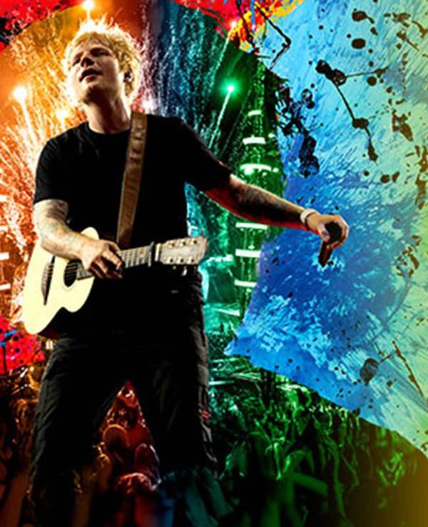 Ed Sheeran mit Gitarre vor einem bunten Hintergrund.