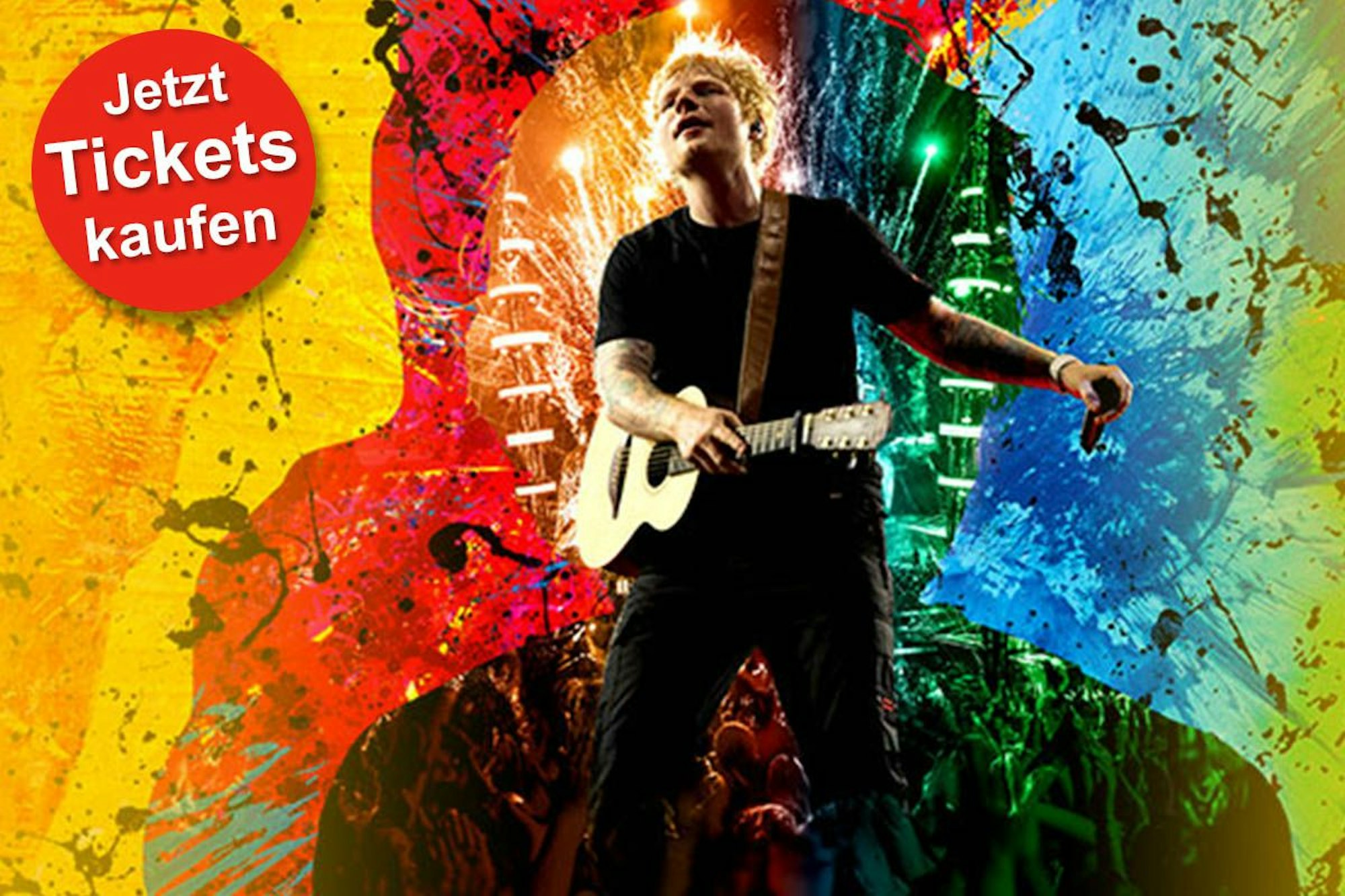 Ed Sheeran mit Gitarre vor einem bunten Hintergrund.