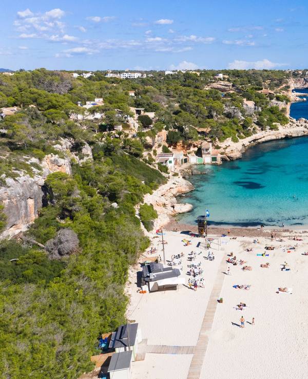 Spain, Balearic Islands, Cala Santanyi, Aerial view of sandy beach over Cala Llombards bay of Mallorca AMF09140