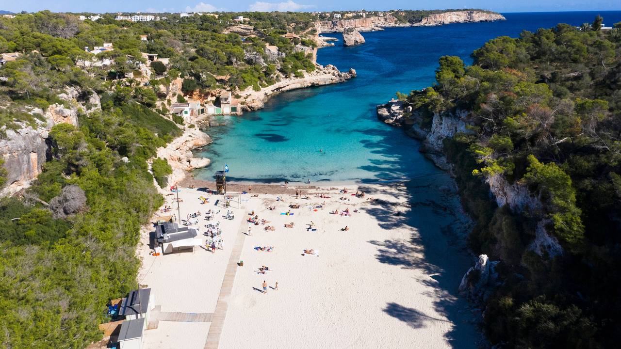 Spain, Balearic Islands, Cala Santanyi, Aerial view of sandy beach over Cala Llombards bay of Mallorca AMF09140