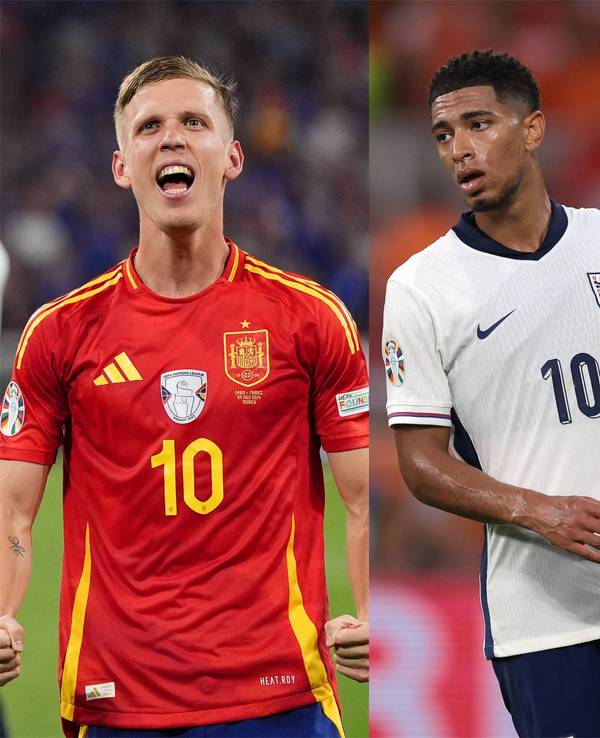 Dani Olmo (l.) und Jude Bellingham stehen sich am Sonntag (14. Juli 2024) im EM-Finale mit Spanien und England gegenüber.