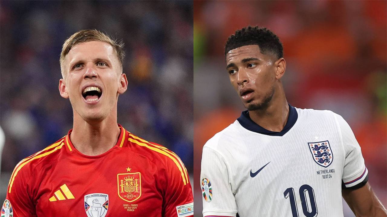 Dani Olmo (l.) und Jude Bellingham stehen sich am Sonntag (14. Juli 2024) im EM-Finale mit Spanien und England gegenüber.