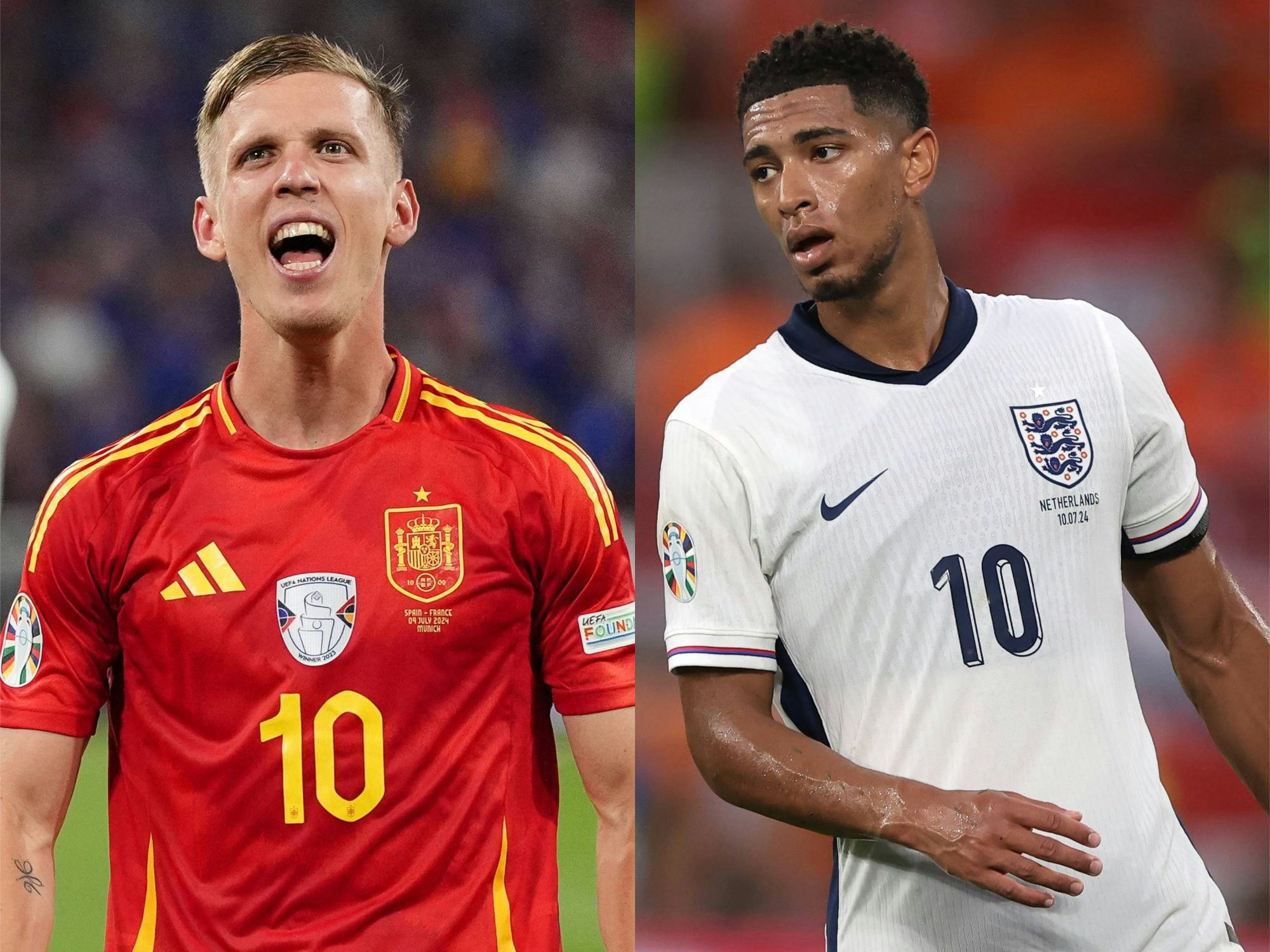 Dani Olmo (l.) und Jude Bellingham stehen sich am Sonntag (14. Juli 2024) im EM-Finale mit Spanien und England gegenüber.