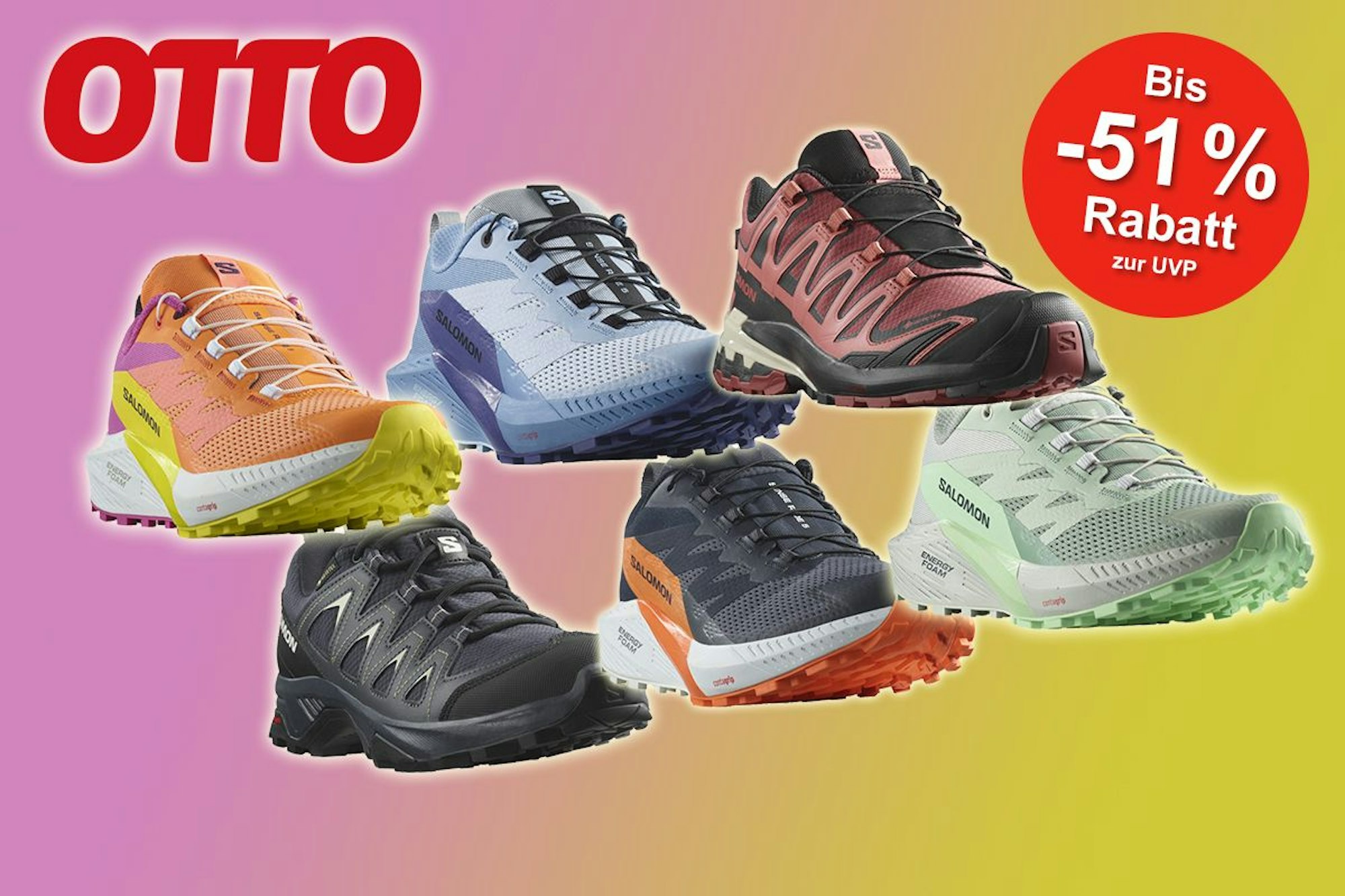 Verschiedene Salomon Schuhe vor gelb-pinkem Hintergrund