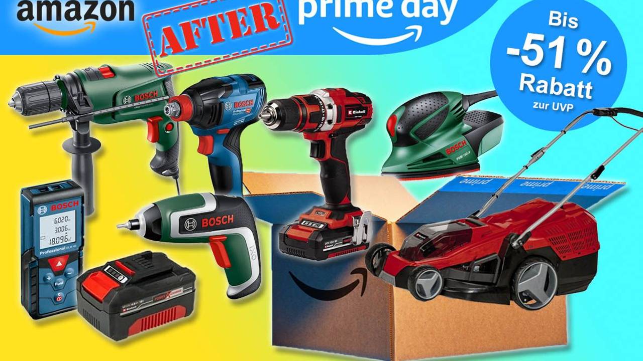 Werkzeuge wie Bohrmaschine, Akkubohrschrauber und Laserentfernungsmesser und Garten Geräte von Bosch Home and Garden, Bosch Professional und Einhell in den Amazon After Prime Day Angeboten.