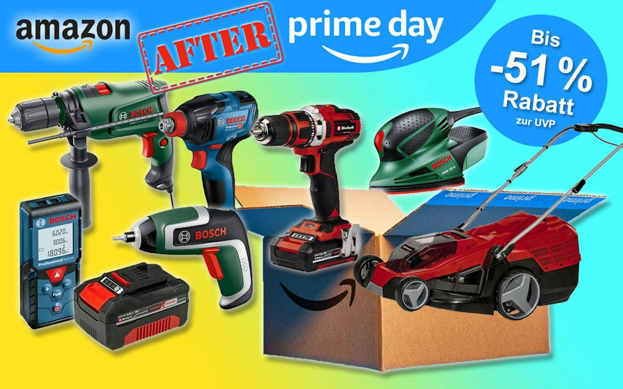 Werkzeuge wie Bohrmaschine, Akkubohrschrauber und Laserentfernungsmesser und Garten Geräte von Bosch Home and Garden, Bosch Professional und Einhell in den Amazon After Prime Day Angeboten.