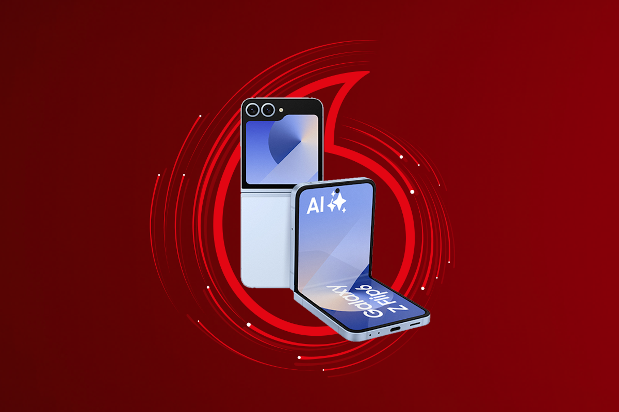 Das Samsung Galaxy Z Flip6 Smartphone in aufgeklapptem und halb aufgeklappten Zustand vor einem Vodafone Zeichen.