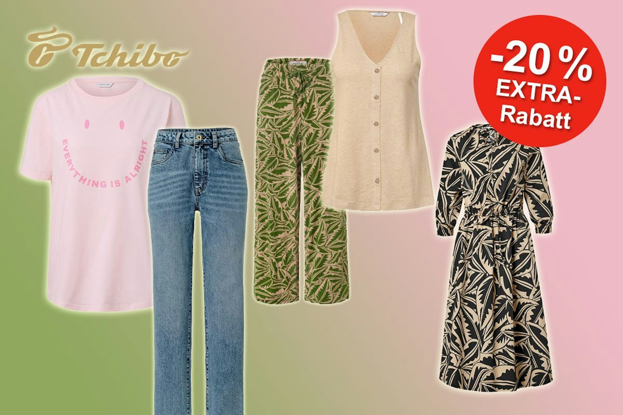 Verschiedene Tchibo Kleidungsstücke vor grün-pinkem Hintergrund