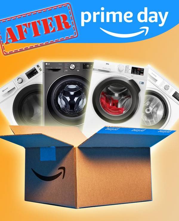 Verschiedene Waschmaschinen sind über einem Amazon Prime Karton angeordnet