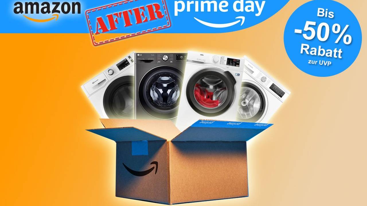 Verschiedene Waschmaschinen sind über einem Amazon Prime Karton angeordnet