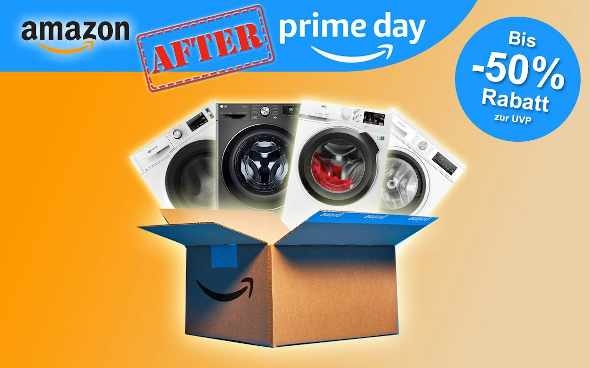 Verschiedene Waschmaschinen sind über einem Amazon Prime Karton angeordnet
