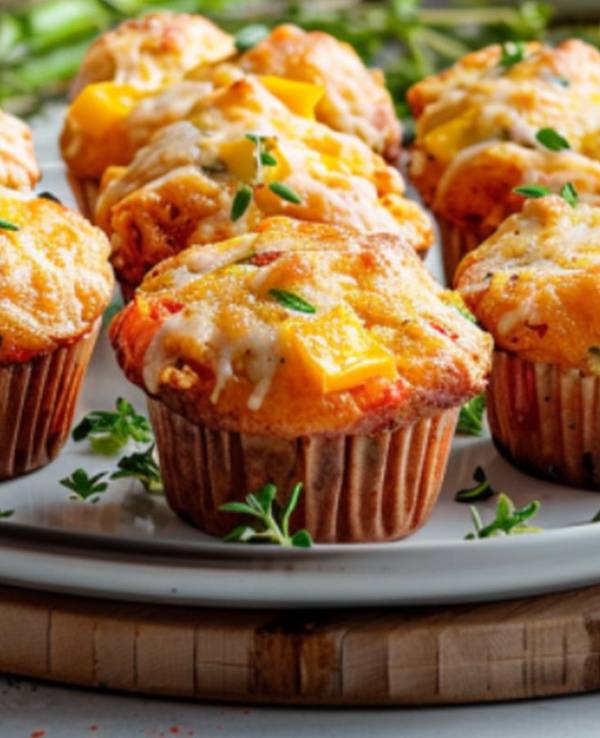 Herzhafte Muffins mit Paprika, Ei, Käse und Zucchini auf einem Teller angeordnet
