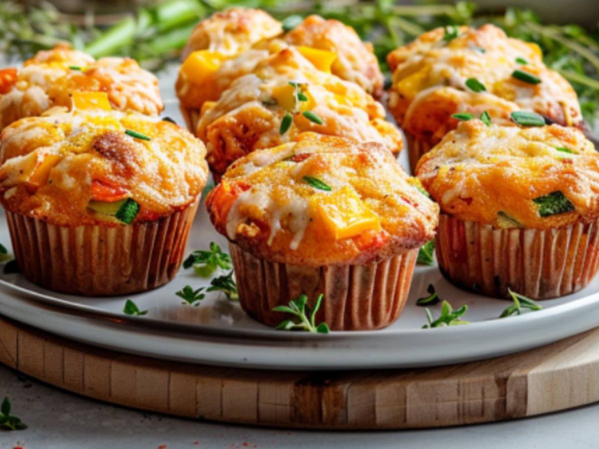 Herzhafte Muffins mit Paprika, Ei, Käse und Zucchini auf einem Teller angeordnet