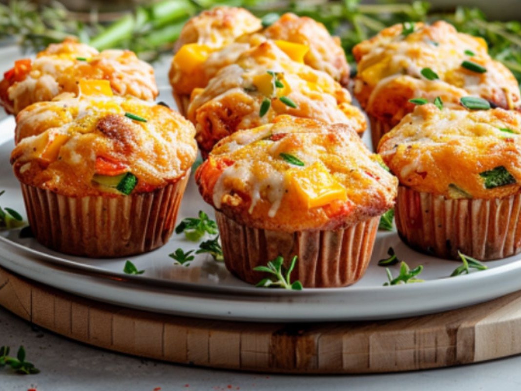Herzhafte Muffins mit Paprika, Ei, Käse und Zucchini auf einem Teller angeordnet