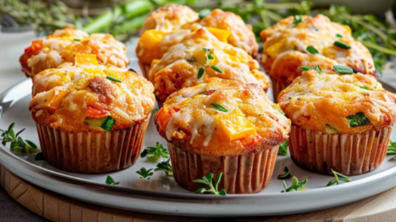 Herzhafte Muffins mit Paprika, Ei, Käse und Zucchini auf einem Teller angeordnet