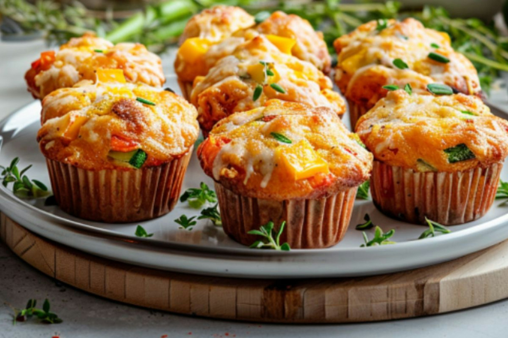 Herzhafte Muffins mit Paprika, Ei, Käse und Zucchini auf einem Teller angeordnet