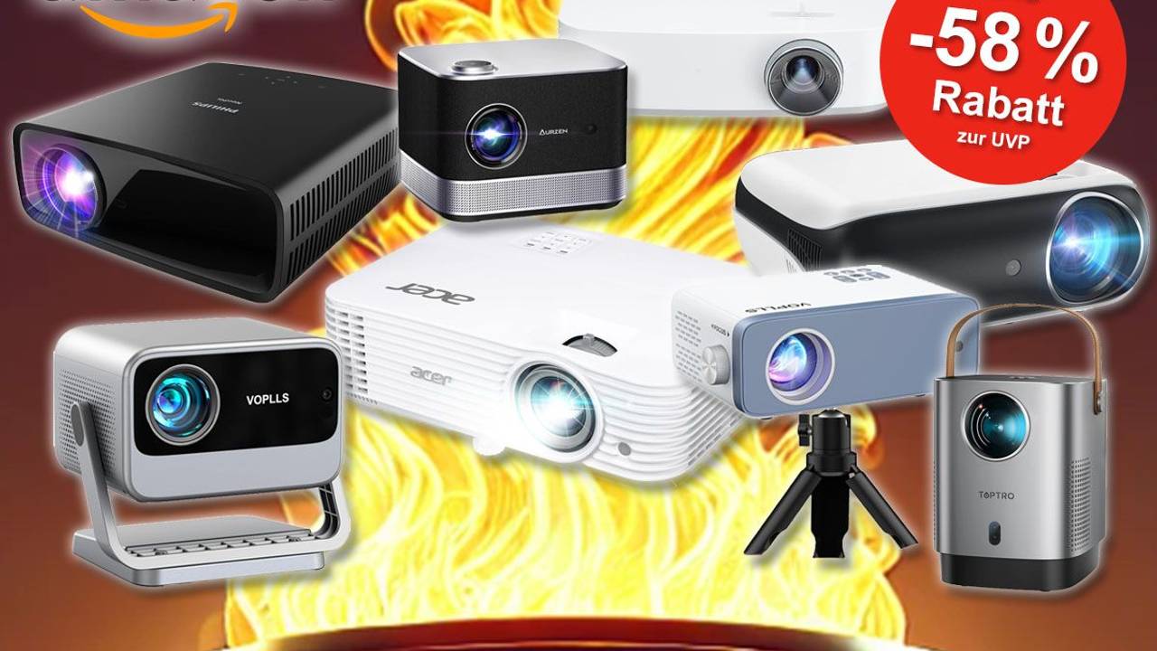 Mini-Beamer und LED-Beamer verschiedener Marken, darunter Acer, LG oder Philips vor einem Feuer im Hintergrund.