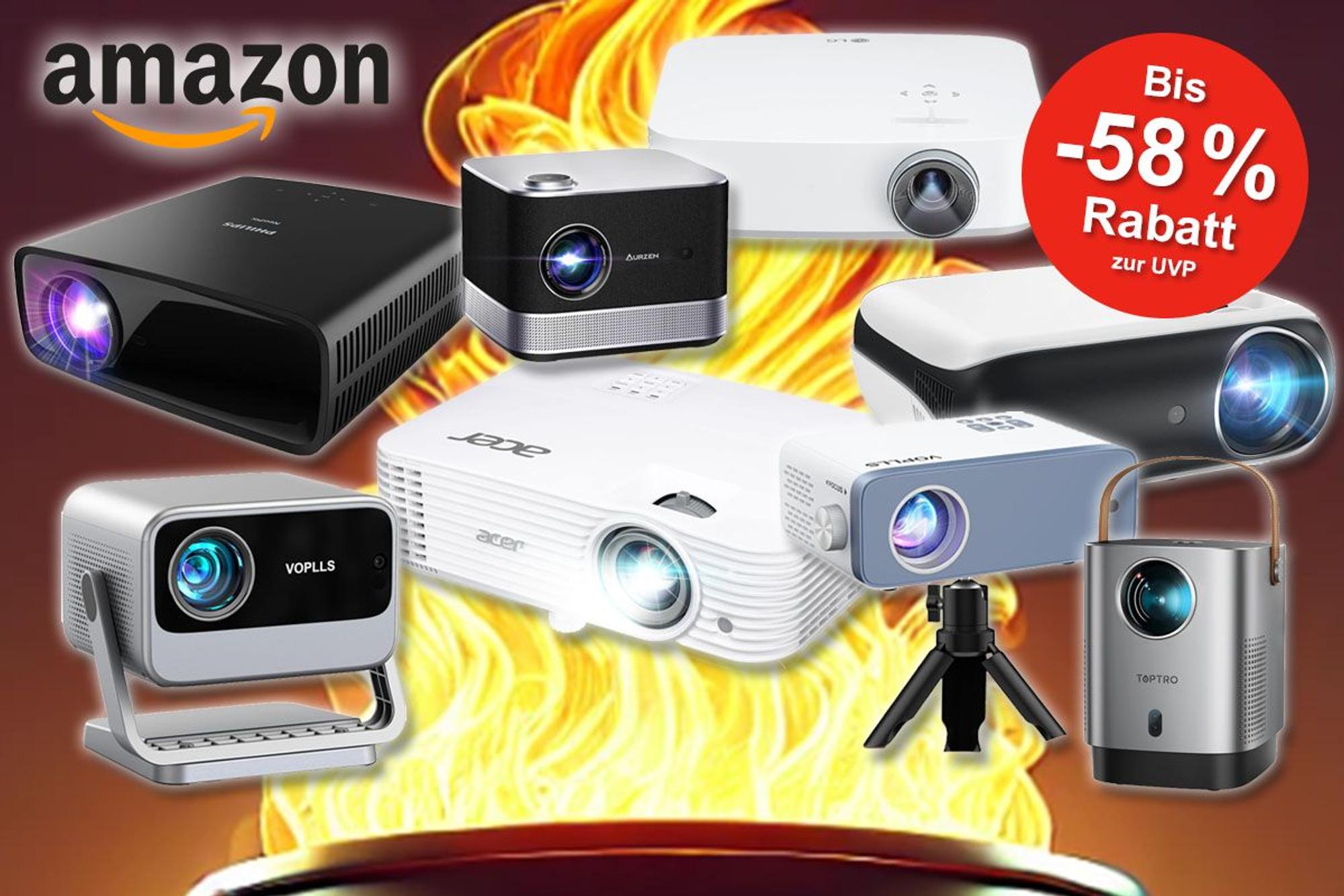 Mini-Beamer und LED-Beamer verschiedener Marken, darunter Acer, LG oder Philips vor einem Feuer im Hintergrund.