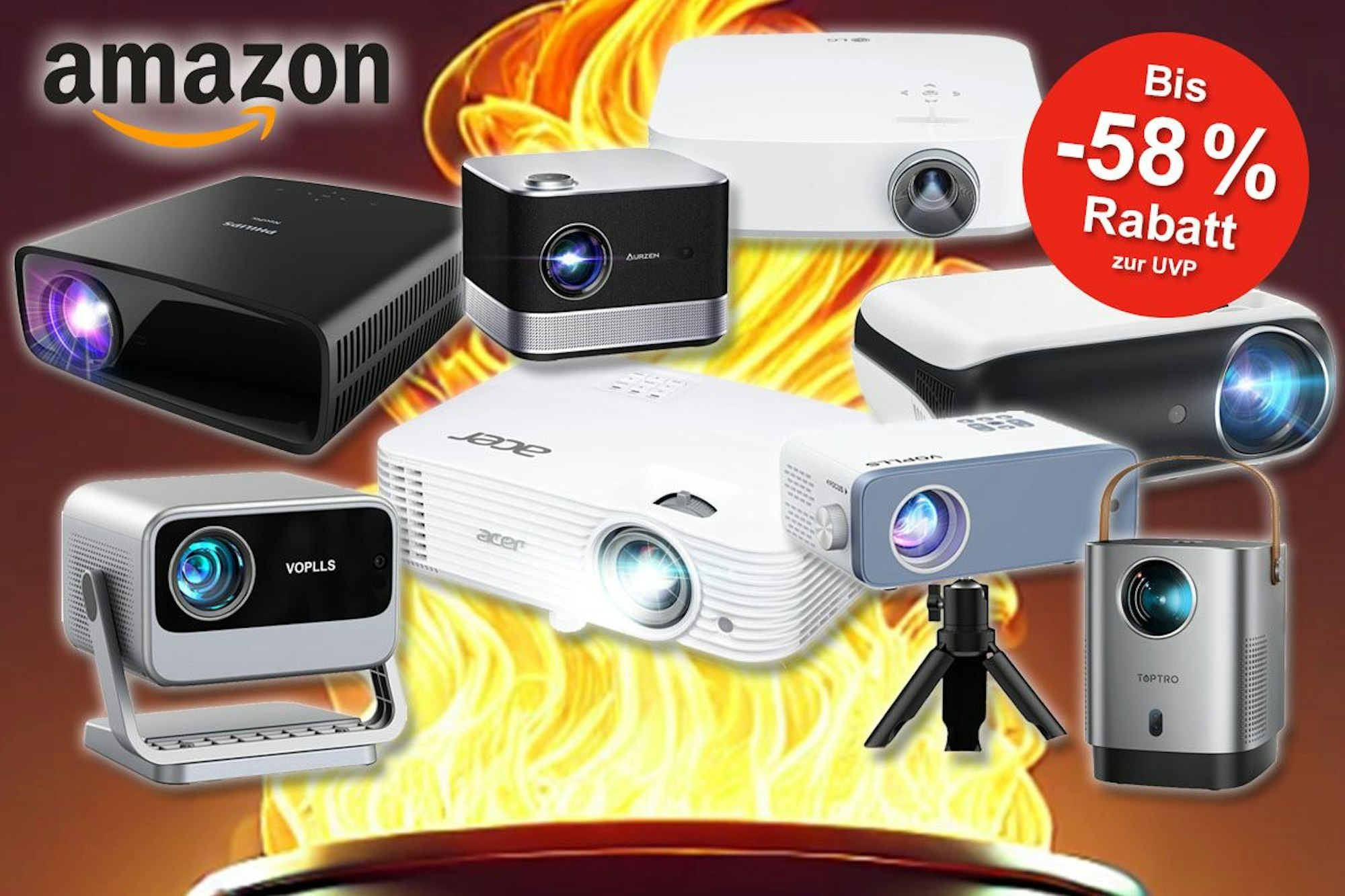Mini-Beamer und LED-Beamer verschiedener Marken, darunter Acer, LG oder Philips vor einem Feuer im Hintergrund.