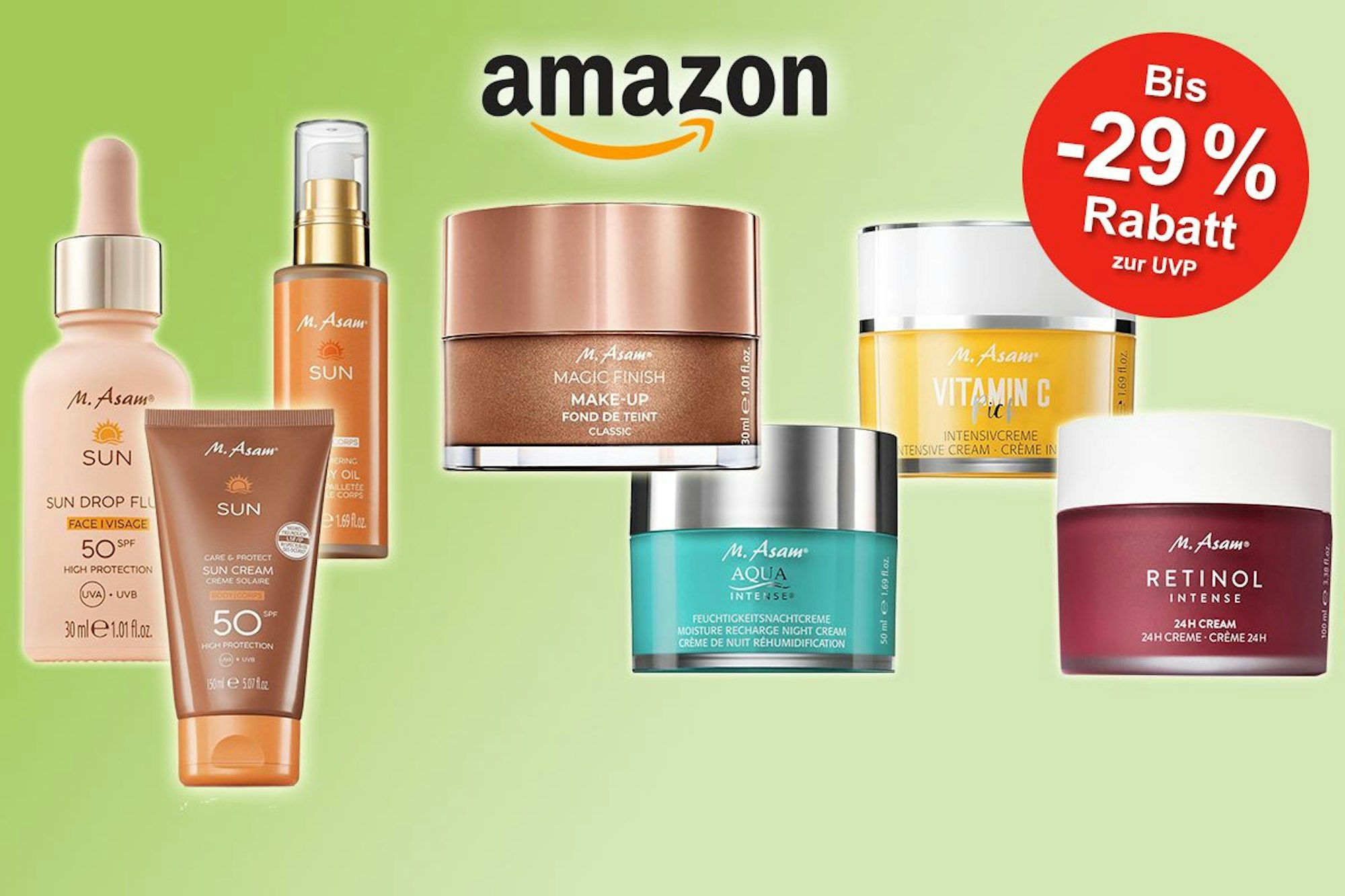 Verschiedene M.Asam Produkte vor grünem Hintergrund