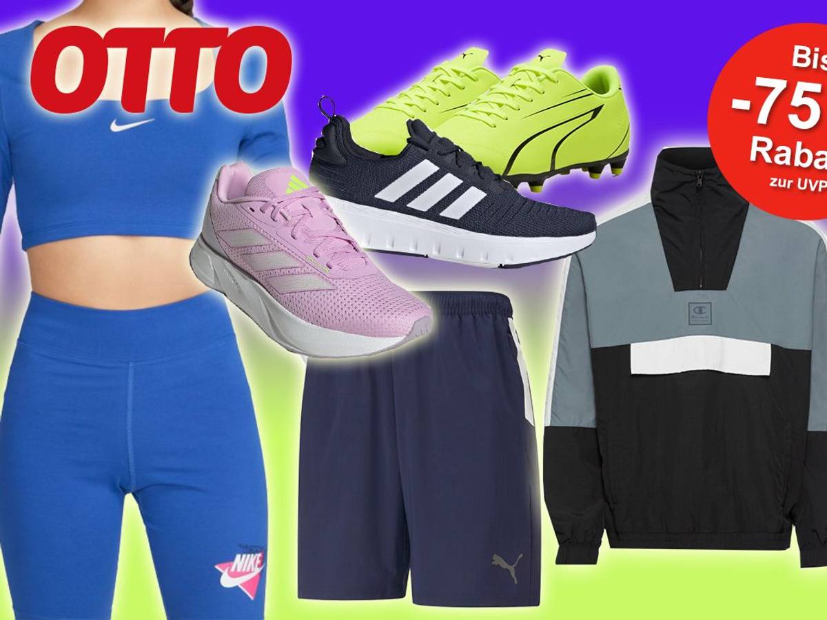 Sportkleidung wie Schuhe, Hoodie, Hose und Shirt von Adidas, Puma, Nike und Champion vor buntem Hintergrund