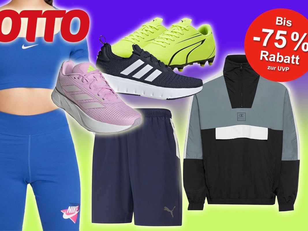 Sportkleidung wie Schuhe, Hoodie, Hose und Shirt von Adidas, Puma, Nike und Champion vor buntem Hintergrund