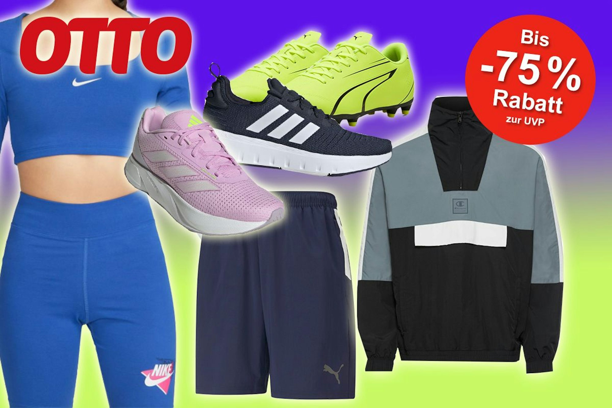 Sportkleidung wie Schuhe, Hoodie, Hose und Shirt von Adidas, Puma, Nike und Champion vor buntem Hintergrund