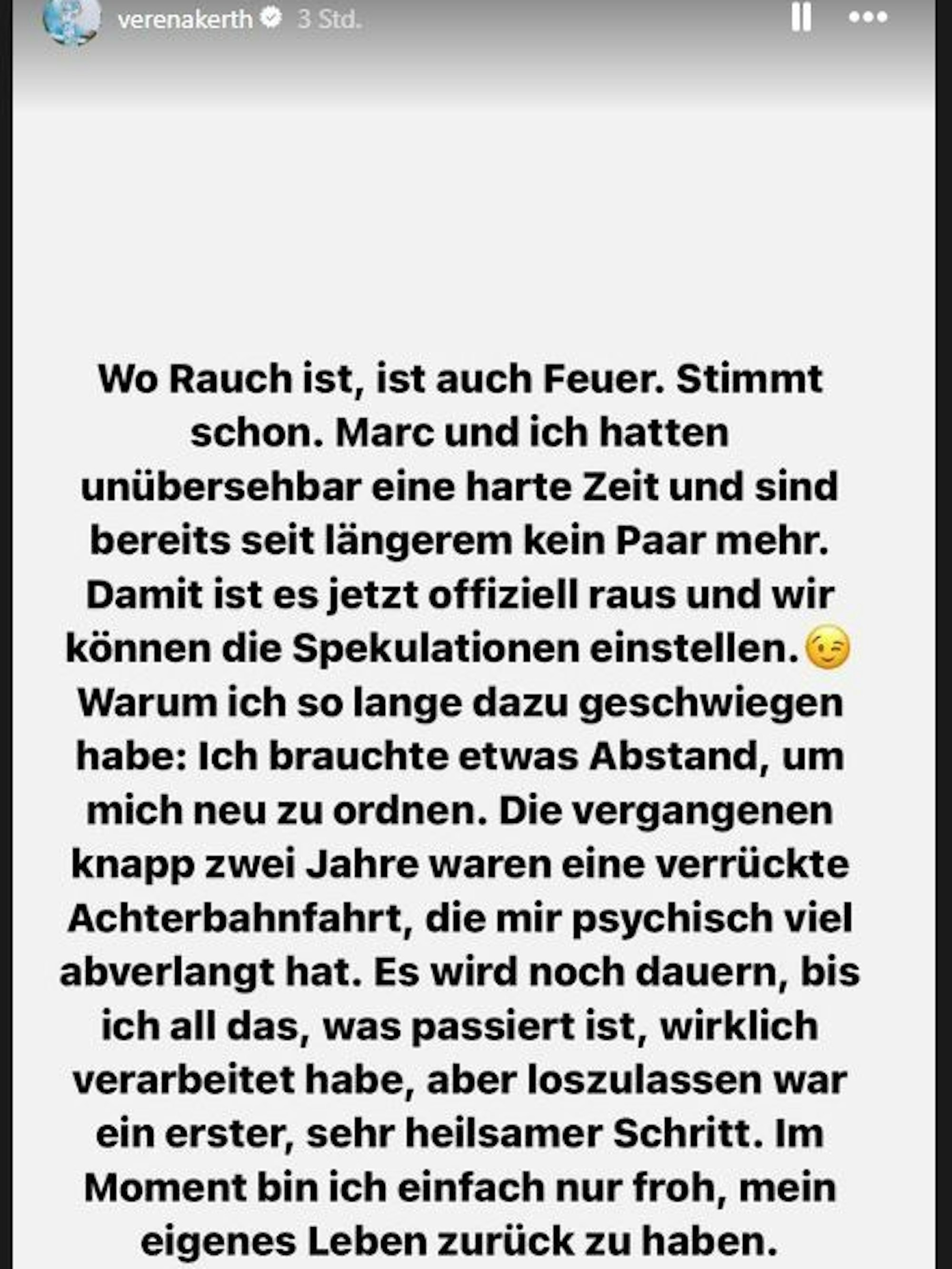 In ihrer Instagram-Story verkündete Verena Kerth am Donnerstagabend (25. Juli 2024) die Trennung von Marc Terenzi.