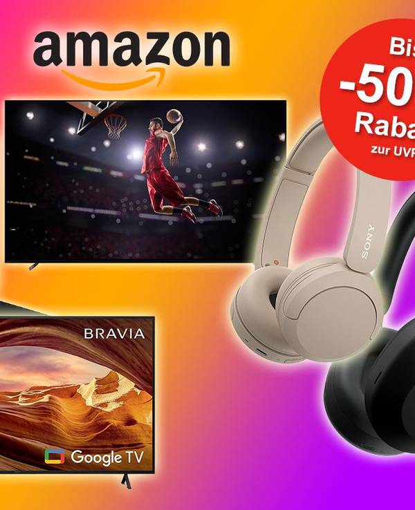 Sony Produkte wie Kopfhörer, Soundbars und Fernseher vor buntem Hintergrund